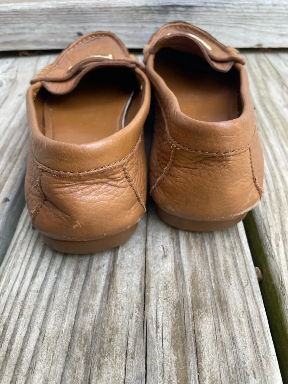 Coach BrownLeather Moccasin Driving Loafers Gold Logo Plaque Women’s Size 6.5